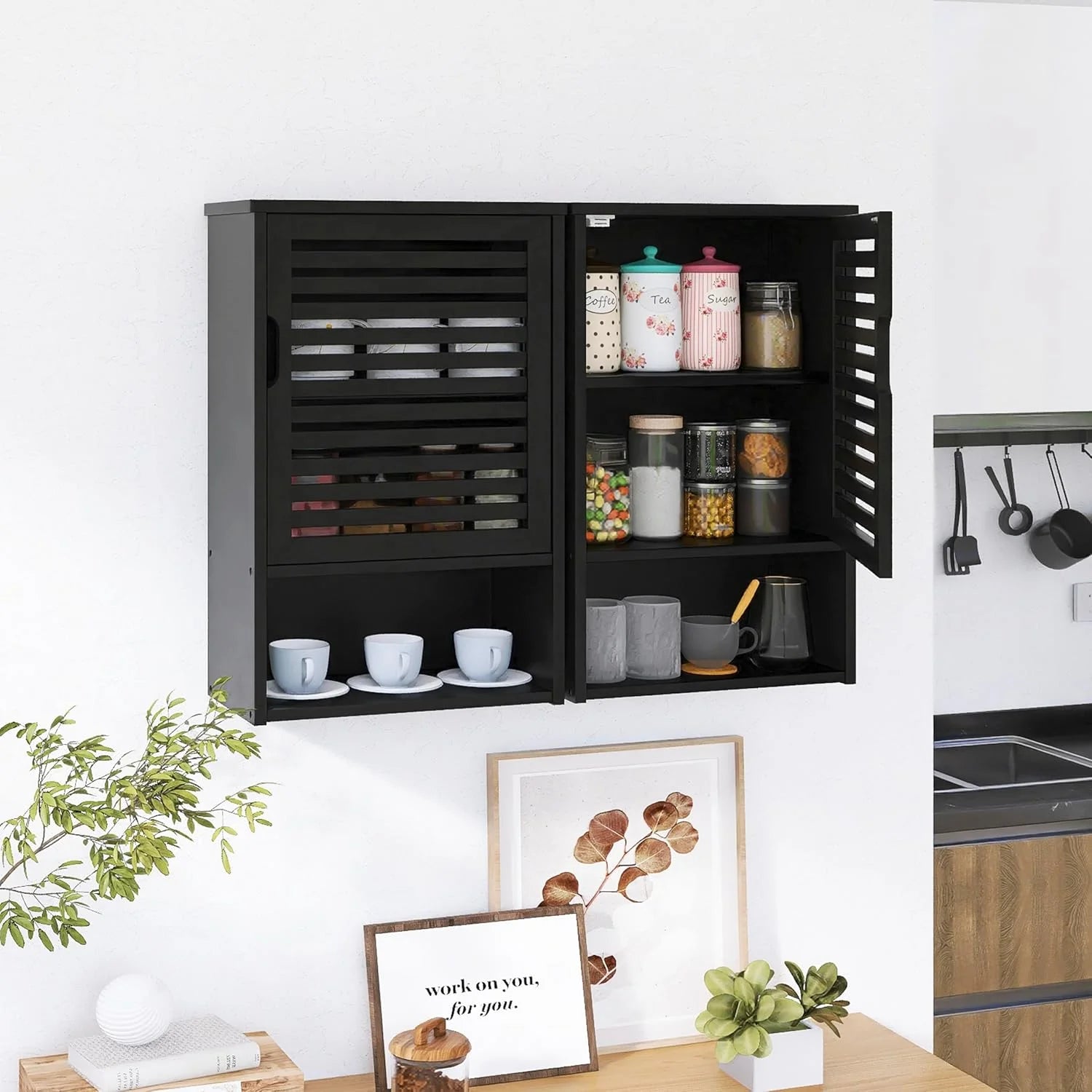 Bathroom Storage Cabinet Wall Mounted, Hanging Medicine Cabinet with Adjustable Shelf, Over The Toilet Space Saver Organizer, Black Bamboo Kitchen Cupboard, Single Door