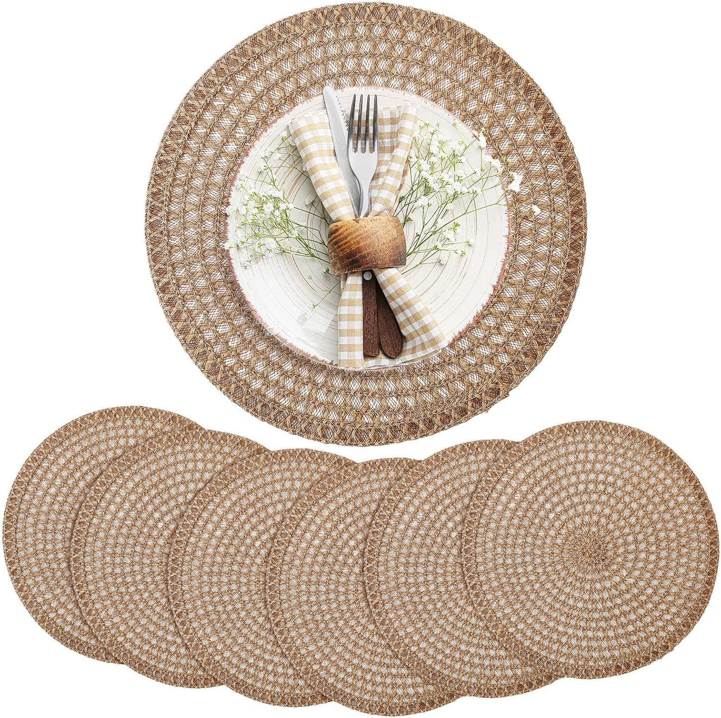 15 Inch Round Burlap Placemat Set of 6 Boho Jute Woven Charger Bulk Rustic Vintage Natural Brown Heat Resistant Dining Table Mat for Wedding Farmhouse Home Kitchen Easter Summer Decoration