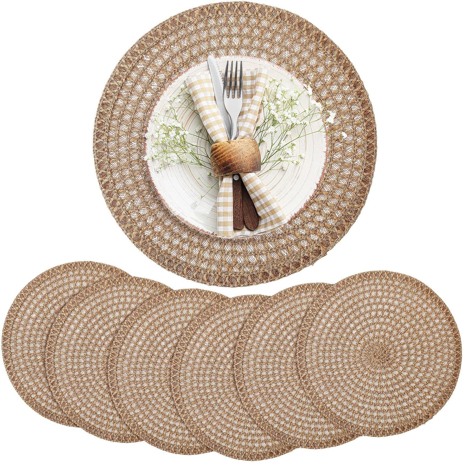 15 Inch Round Burlap Placemat Set of 6 Boho Jute Woven Charger Bulk Rustic Vintage Natural Brown Heat Resistant Dining Table Mat for Wedding Farmhouse Home Kitchen Easter Summer Decoration