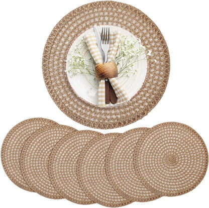 15 Inch Round Burlap Placemat Set of 6 Boho Jute Woven Charger Bulk Rustic Vintage Natural Brown Heat Resistant Dining Table Mat for Wedding Farmhouse Home Kitchen Easter Summer Decoration