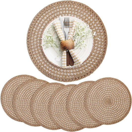 15 Inch Round Burlap Placemat Set of 6 Boho Jute Woven Charger Bulk Rustic Vintage Natural Brown Heat Resistant Dining Table Mat for Wedding Farmhouse Home Kitchen Easter Summer Decoration