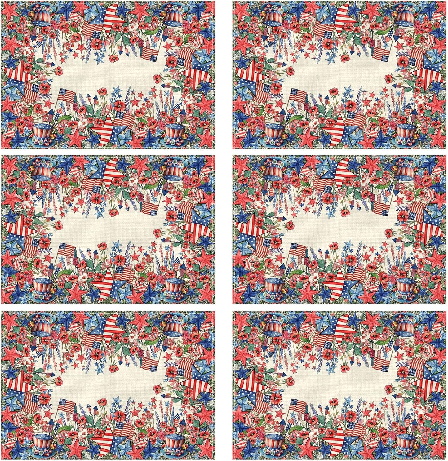 XCHI Watercolor Flowers America Stars Fireworks Memorial Day Placemats Set of 6 Table Mats 4th of July Patriotic Independence Day for Party Home Kitchen Dining Table Decorations 12x18 Inch