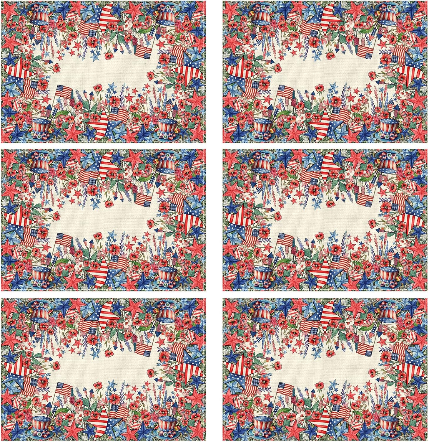 XCHI Watercolor Flowers America Stars Fireworks Memorial Day Placemats Set of 6 Table Mats 4th of July Patriotic Independence Day for Party Home Kitchen Dining Table Decorations 12x18 Inch