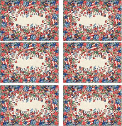 XCHI Watercolor Flowers America Stars Fireworks Memorial Day Placemats Set of 6 Table Mats 4th of July Patriotic Independence Day for Party Home Kitchen Dining Table Decorations 12x18 Inch