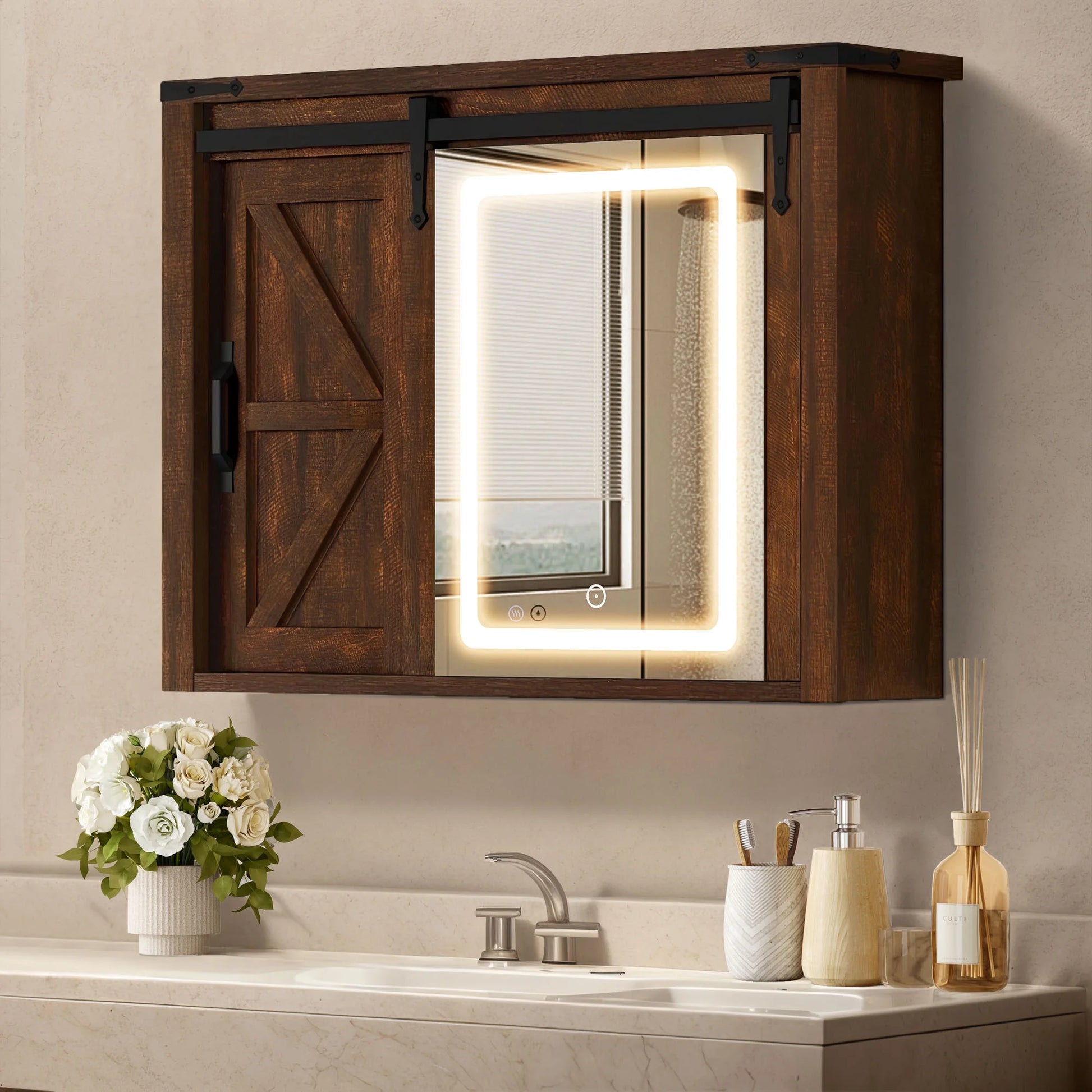 DWVO Bathroom Wall Cabinet with LED Lights Mirror, Medicine Cabinet with Door and Adjustable Shelf, White