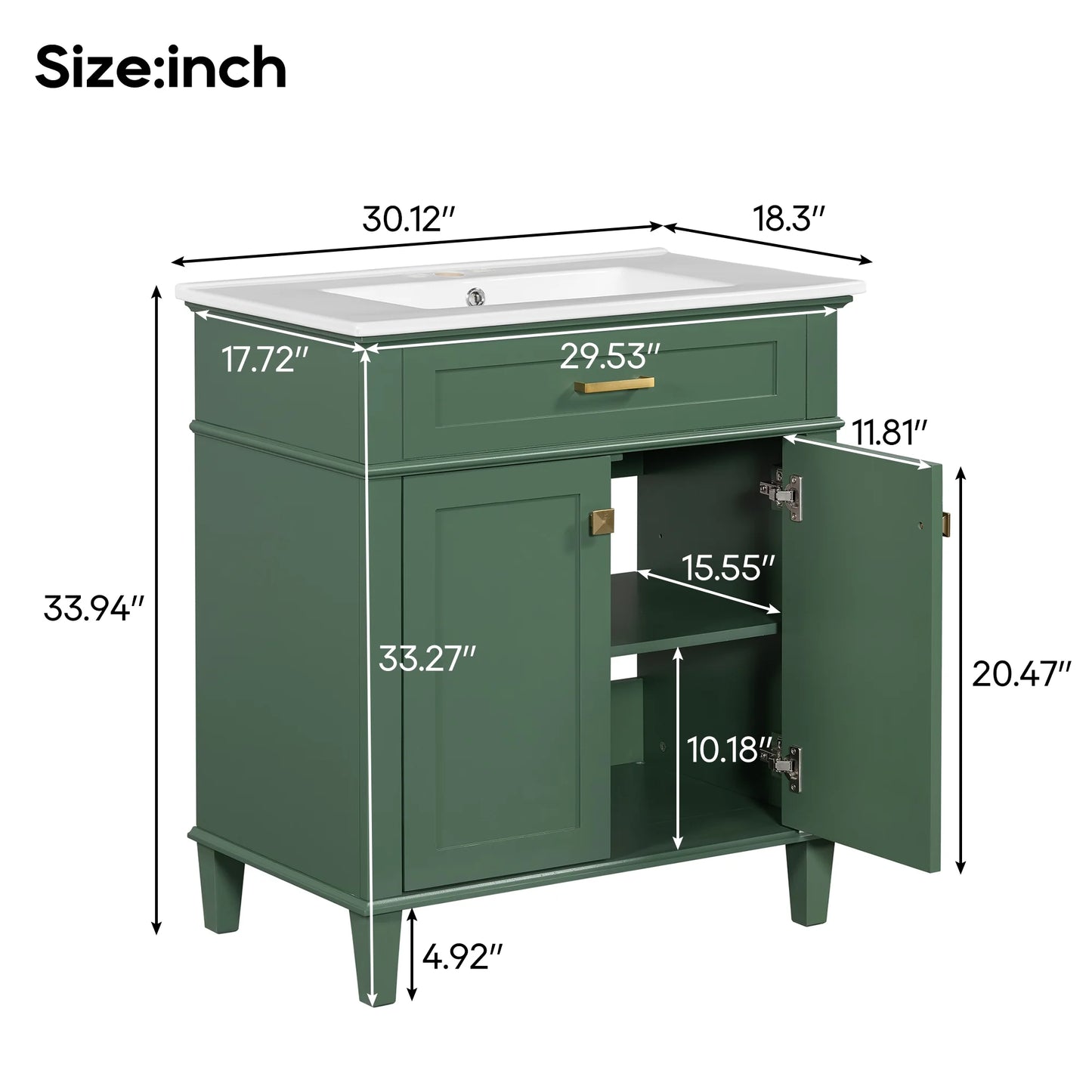 Harper & Bright Designs 30" Bathroom Vanity Combo with Ceramic Sink, Bathroom Vanity Cabinet with Soft Close Doors and Adjustable Shelves, Green
