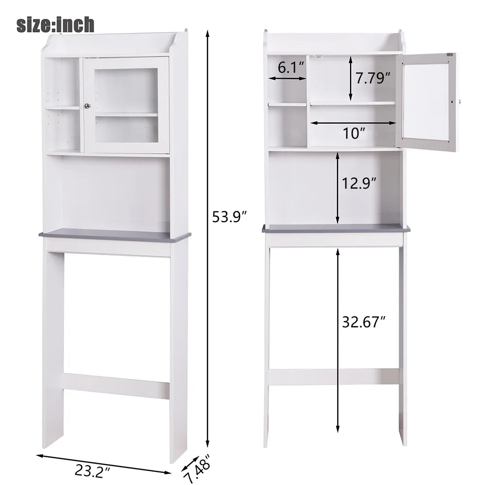 Over-The-Toilet Space Saver, Bathroom Storage Cabinet, Toilet Organizer with Adjustable Shelves and Door Cabinet, Wooden Behind Toilet Storage for Space Saving, Easy Assembly - White, K3822