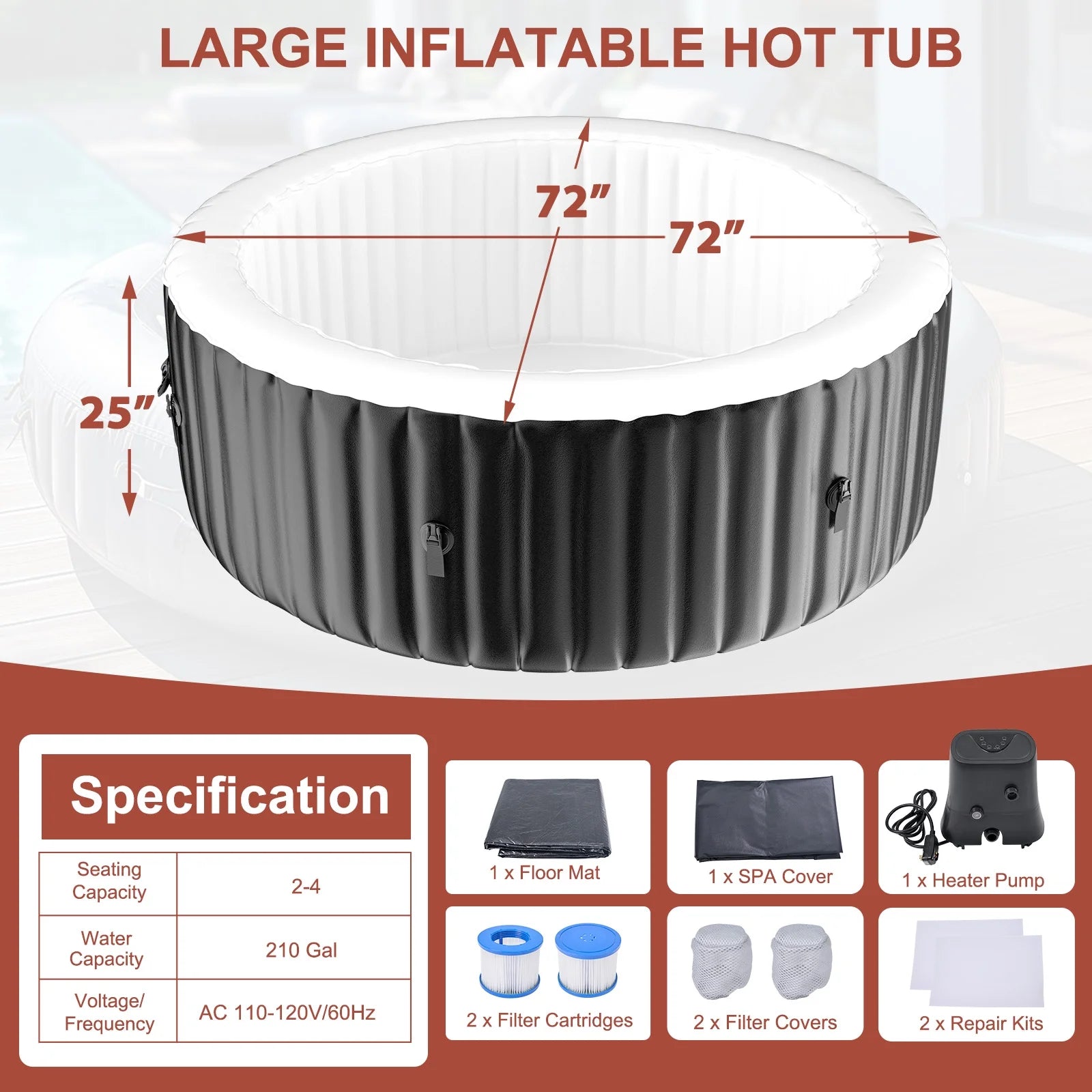 MOPHOTO 72" X 72" X 25" 2-4 Person Inflatable Hot Tub, Large Portable Round Hot tub with 120 Bubble Jets, Outdoor Bathtub Spa Set Included Heater Pump, Filter and Spa Cover