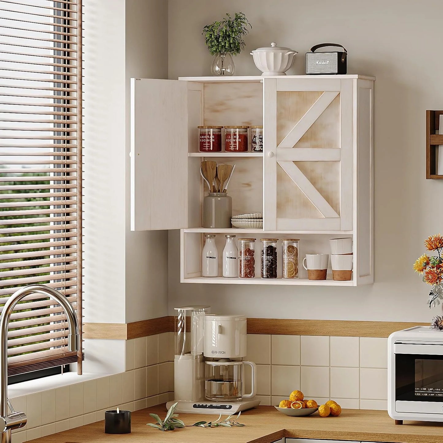 Bathroom Cabinet Wall Mounted with 2 Door Adjustable Shelves Bamboo Bathroom Wall Cabinet Over The Toilet Storage Medicine Cabinets for Kitchen Laundry Room