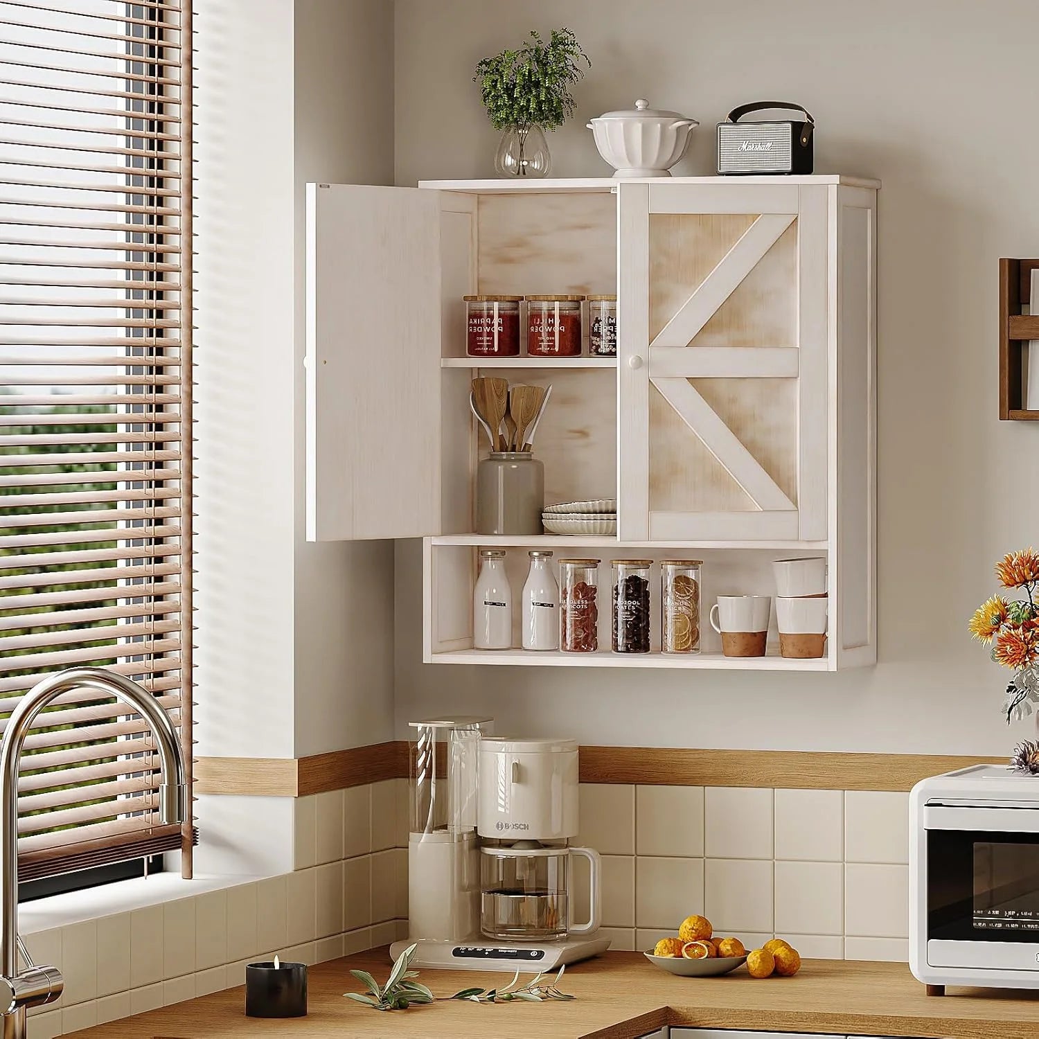Bathroom Cabinet Wall Mounted with 2 Door Adjustable Shelves Bamboo Bathroom Wall Cabinet Over The Toilet Storage Medicine Cabinets for Kitchen Laundry Room