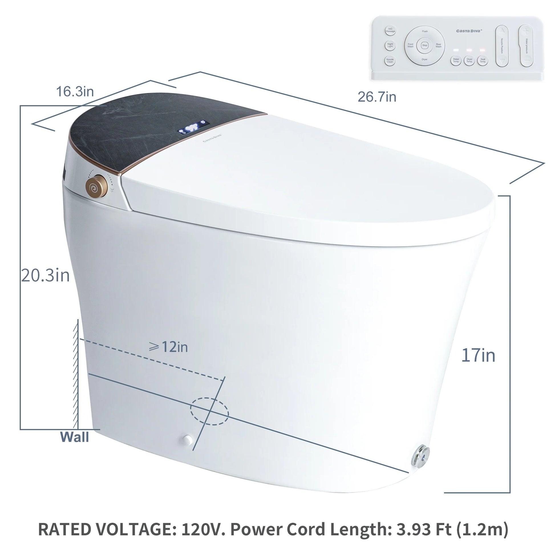 Casta Diva Smart Toilet, 12'' Rough in Elongated One Piece Ceramic Toilet with Bidet for Bathrooms