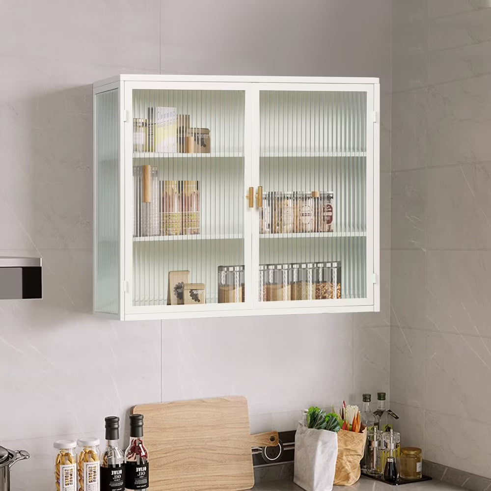 Hassch Wall Mounted Kitchen Pantry Sideboard with 2 Glass Doors, Metal Storage Cabinet Dining Cupboard for Bathroom Kitchen Living Room Dining Room, 27.56"L x 9.06"W x 23.62"H, White