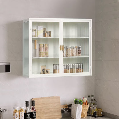 Hassch Wall Mounted Kitchen Pantry Sideboard with 2 Glass Doors, Metal Storage Cabinet Dining Cupboard for Bathroom Kitchen Living Room Dining Room, 27.56"L x 9.06"W x 23.62"H, White