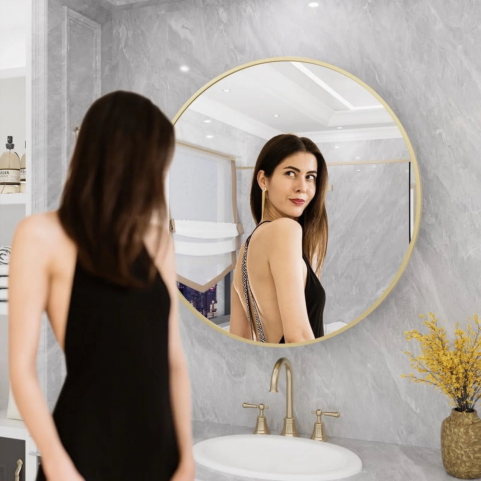 WallBeyond Bathroom Medicine Cabinet with Round Mirror Aluminum Framed 28", Black