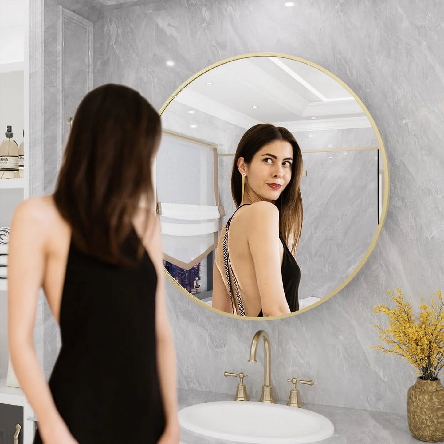 WallBeyond Bathroom Medicine Cabinet with Round Mirror Aluminum Framed 24", Gold