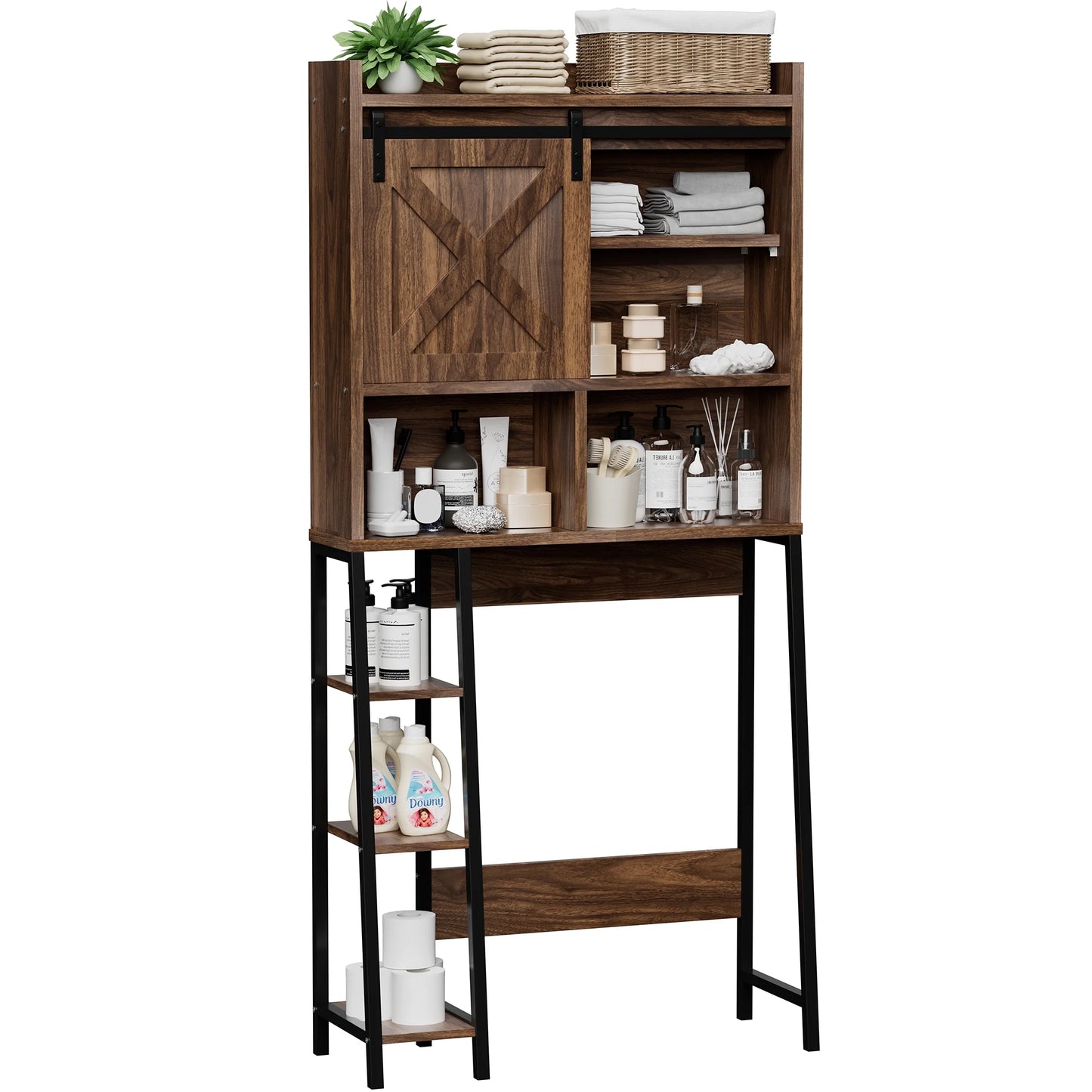 Walsunny Over the Toilet Storage Cabinet with Side Shelves Sliding Door Wooden Shelf Organizer for Restroom Bathroom Laundry,Walnut