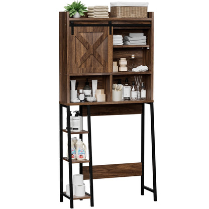 Walsunny Over the Toilet Storage Cabinet with Side Shelves Sliding Door Wooden Shelf Organizer for Restroom Bathroom Laundry,Walnut