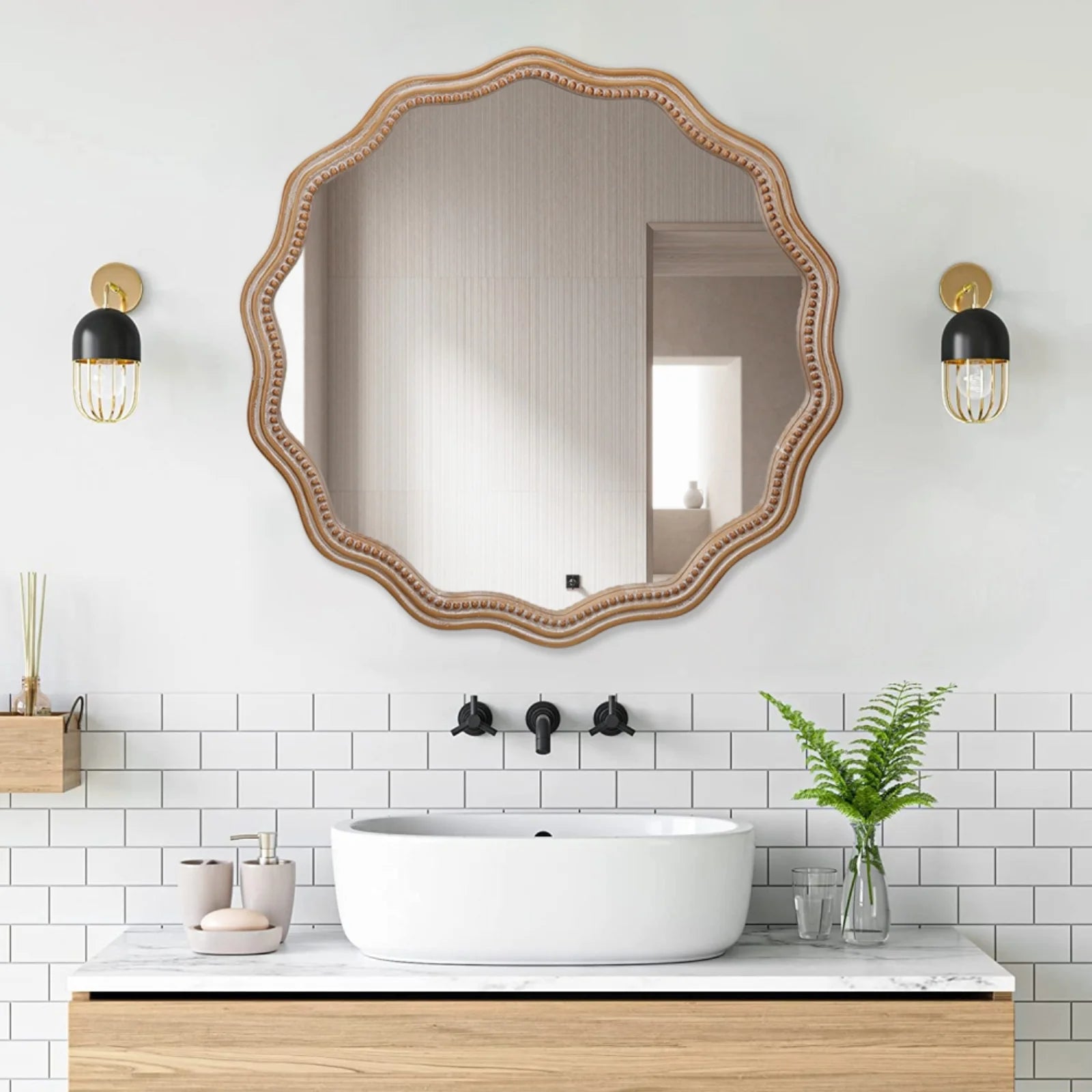 Honeey 24 Inch Circular Wave Wall Mirror, Large Decorative Wooden Frame Hanging Circular Mirror, Modern Farmhouse Decoration, Suitable for Bathroom, Living Room, Daycare Decoration