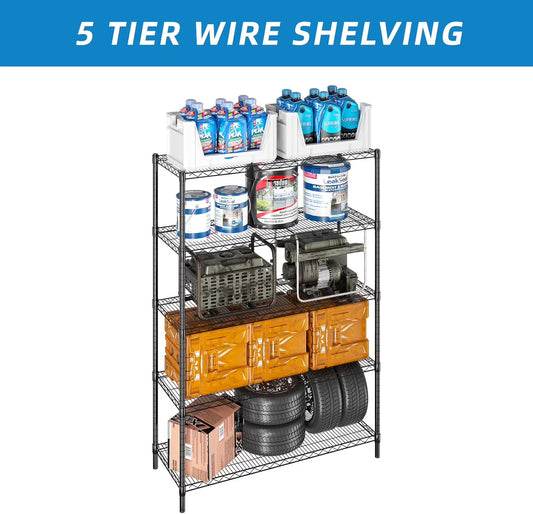5-Tier Wire Storage Shelves, Adjustable Metal Heavy Duty Storage Rack for Office, Kitchen, Bedroom, Bathroom, Laundry, Pantry Basement, Garage, Black
