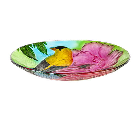 18" Hand Painted and Embossed Glass Bird Bath with Solar Stand, Goldfinch