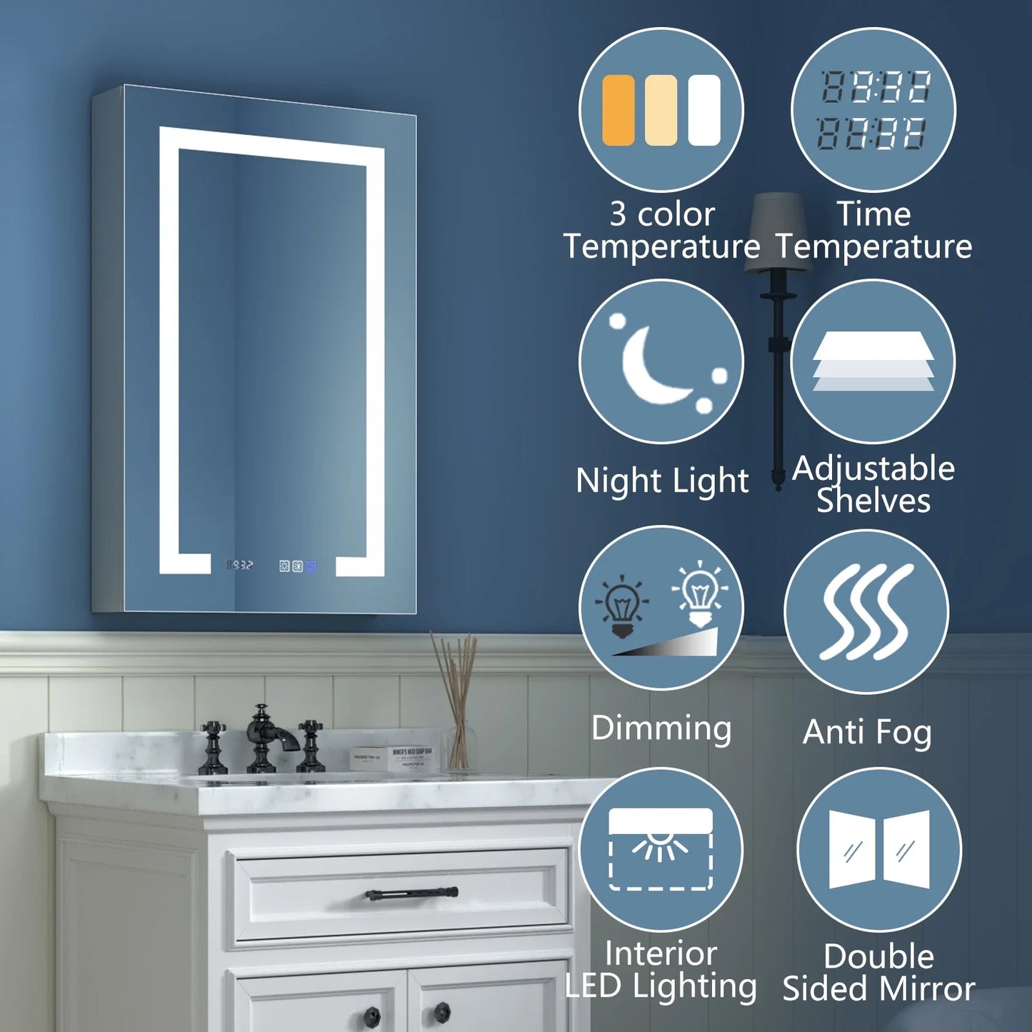 ExBrite LED Lighted Bathroom Medicine Cabinet with Mirror and Shelf,Recessed or Surface Mount,Defog, Stepless Dimming 20"x32" Left-hinged