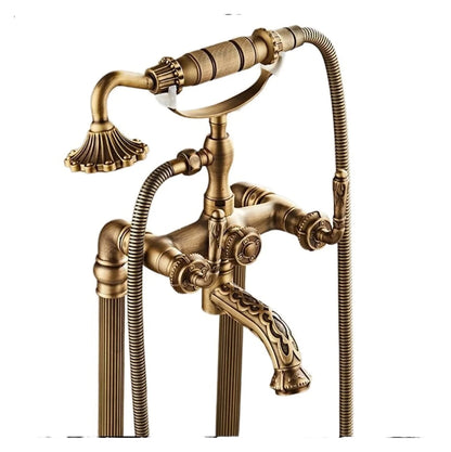 Free standing Carved Bathtub Faucet Tub Filler Fashion Antique Brass Floor Mount with Hand shower Bathtub Mixer Taps