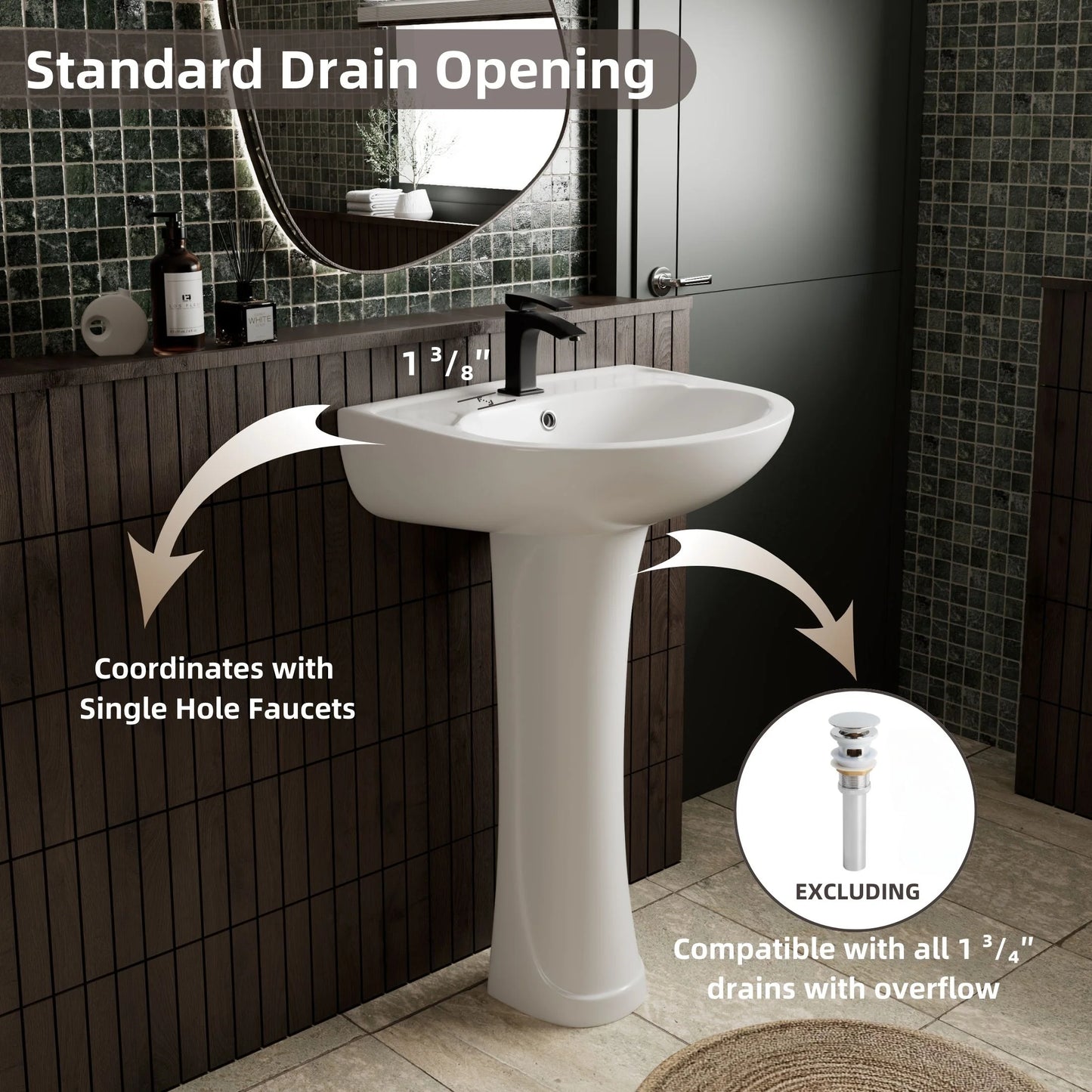Los Flexi 20" x 17" Glossy White Pedestal Sink for Small Bathrooms with Overflow and Single Faucet Hole