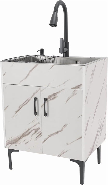 Laundry Sink Cabinet with Pull-Down Faucet Stainless Steel Utility Sink for Laundry Utility Room Bathroom Vanity Sink Cabinet with 2 Doors for Kitchen Outdoor (White)