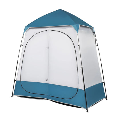 2 Rooms Camping Shower Tent, 7.5 FT Outdoor Pop up Changing 2 Room, Instant Extra Wide Privacy Shelter for Camping Dressing Toilet Bathroom with Carry Bag, Blue & White