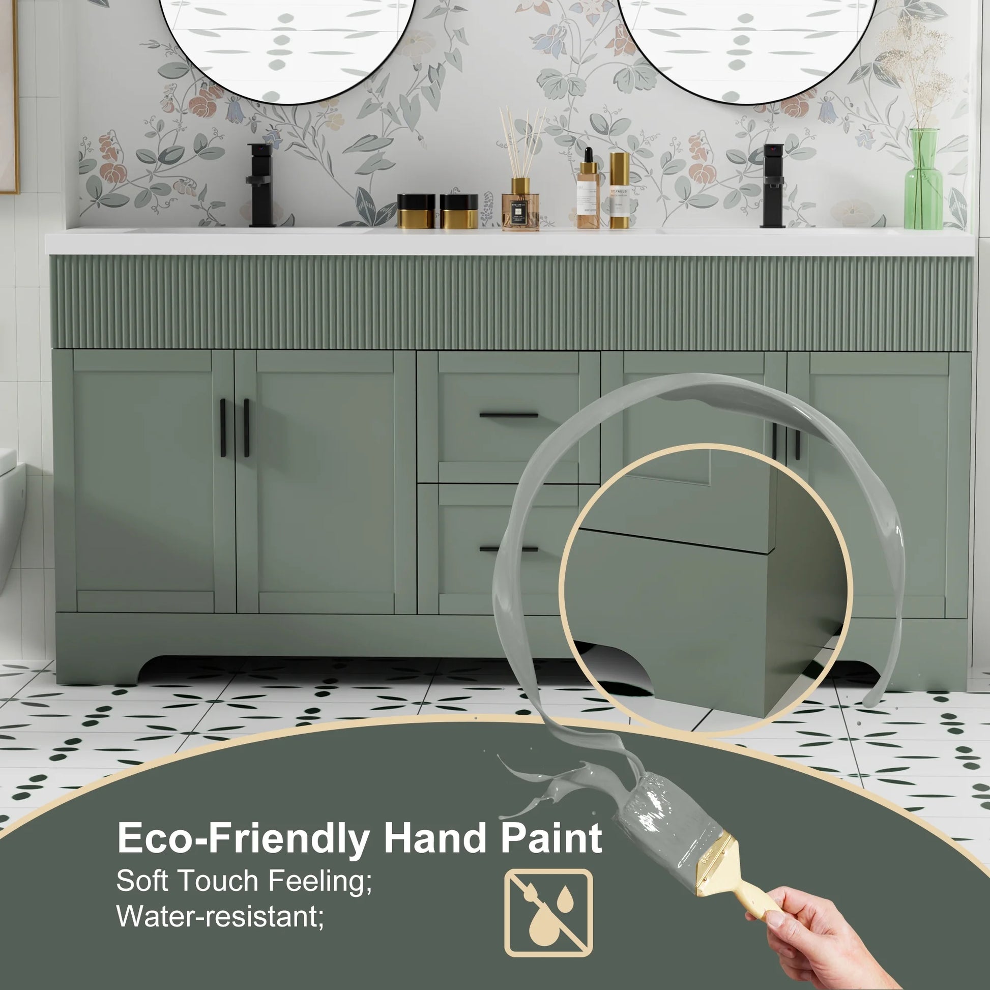 72" Freestanding Double Sink Bathroom Vanity Set With Resin Top, Hand-Painted, EPA Certificate