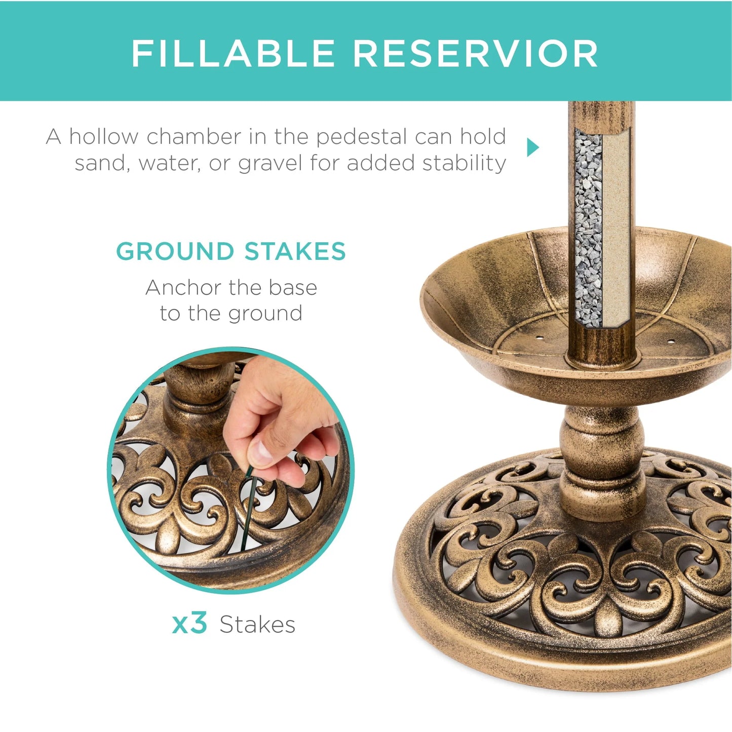 Best Choice Products Solar Lighted Pedestal Bird Bath w/ Planter, Integrated Panel - Bronze