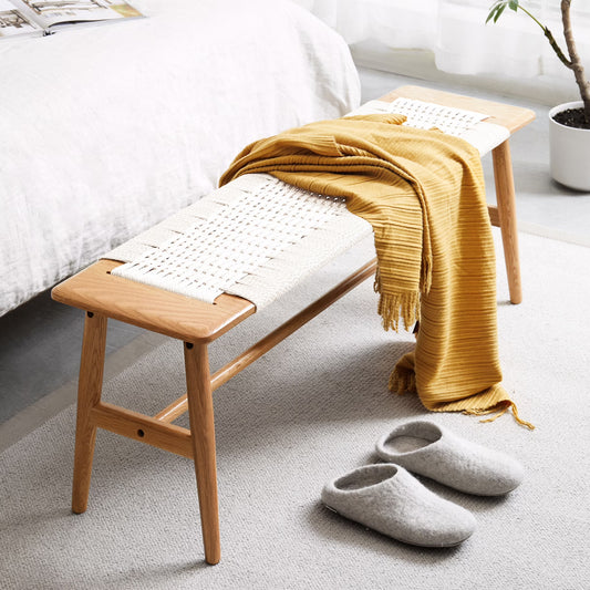 White Oak Wood Dining Bench - Handwoven Cane Seat, Fits Different Room Settings Solid Bed North American With Seat For Bedroom & Bathroom