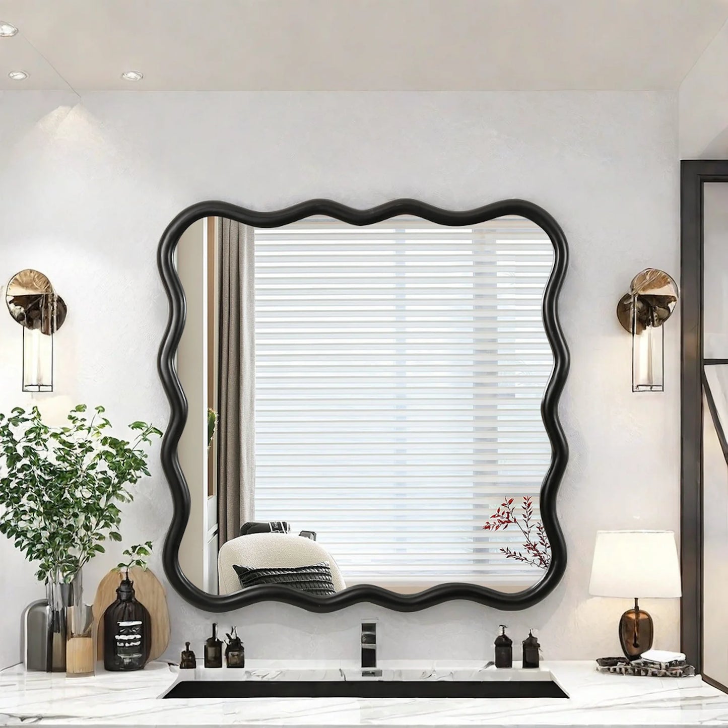 Dasun Solid Wood Wavy Square Mirror-Black 36" x 36" Modern Mirror Wall Decor for Bathroom, Bedroom, Living Room, Dining Room, Cloakroom, Entryway