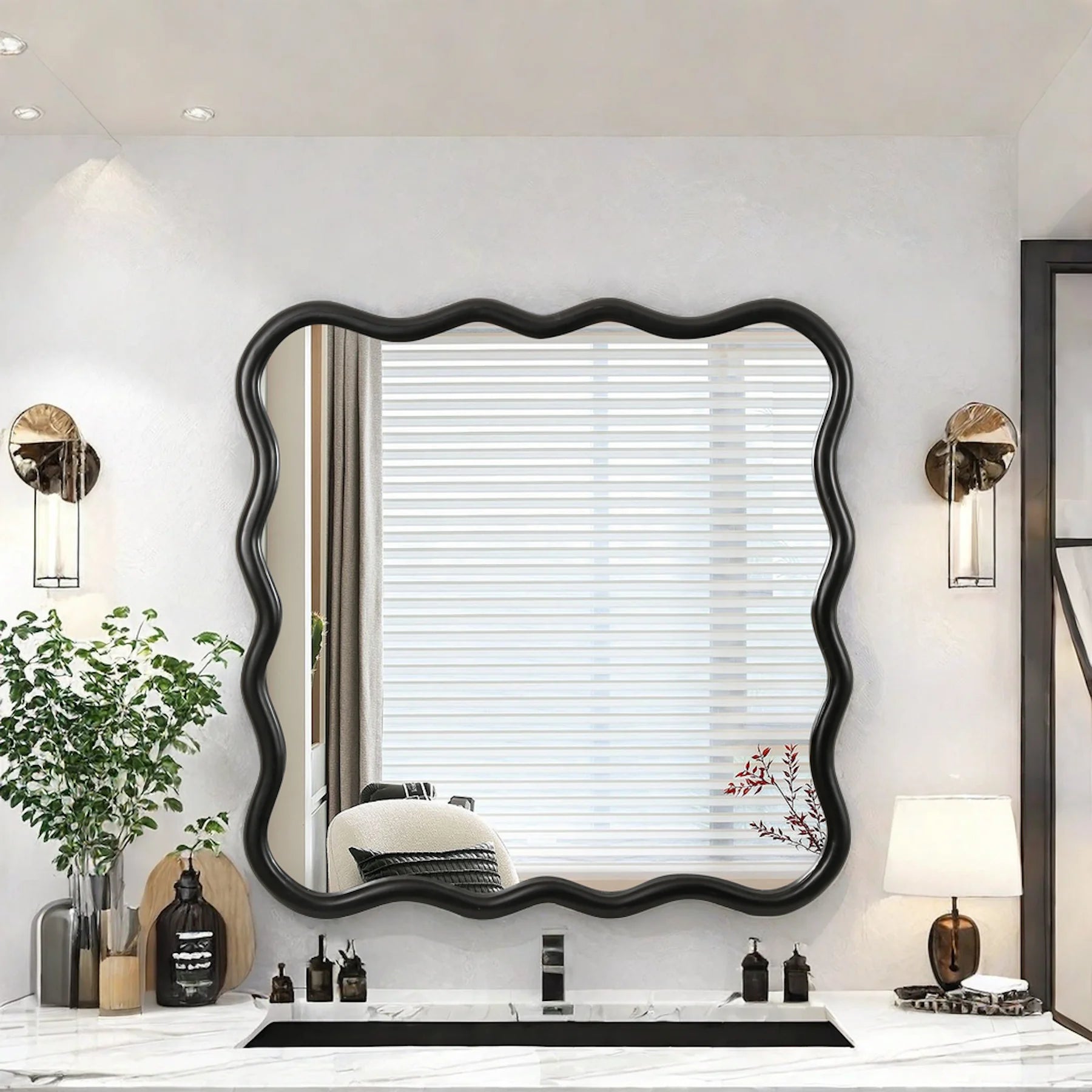 Dasun Solid Wood Wavy Square Mirror-Black 36" x 36" Modern Mirror Wall Decor for Bathroom, Bedroom, Living Room, Dining Room, Cloakroom, Entryway
