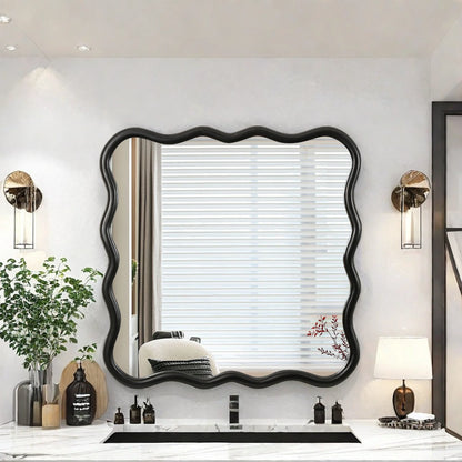 Dasun Solid Wood Wavy Square Mirror-Black 36" x 36" Modern Mirror Wall Decor for Bathroom, Bedroom, Living Room, Dining Room, Cloakroom, Entryway