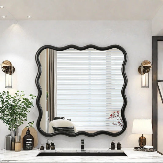 Dasun Solid Wood Wavy Square Mirror-Black 36" x 36" Modern Mirror Wall Decor for Bathroom, Bedroom, Living Room, Dining Room, Cloakroom, Entryway