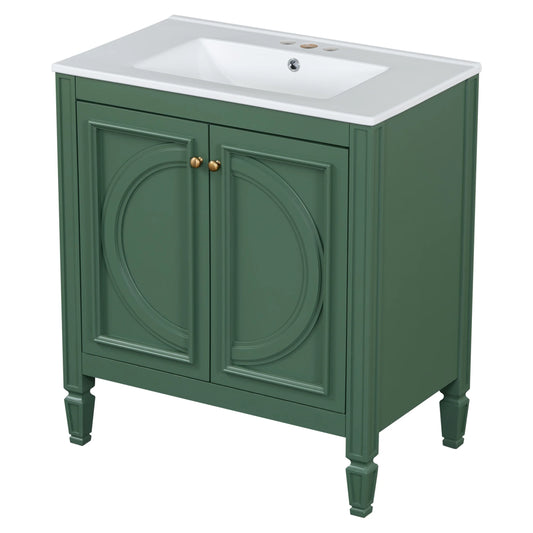 GDF Studio Vintage 30" Bathroom Vanity with Ceramic Sink, Soft-Close Door, and Ample Storage, Green