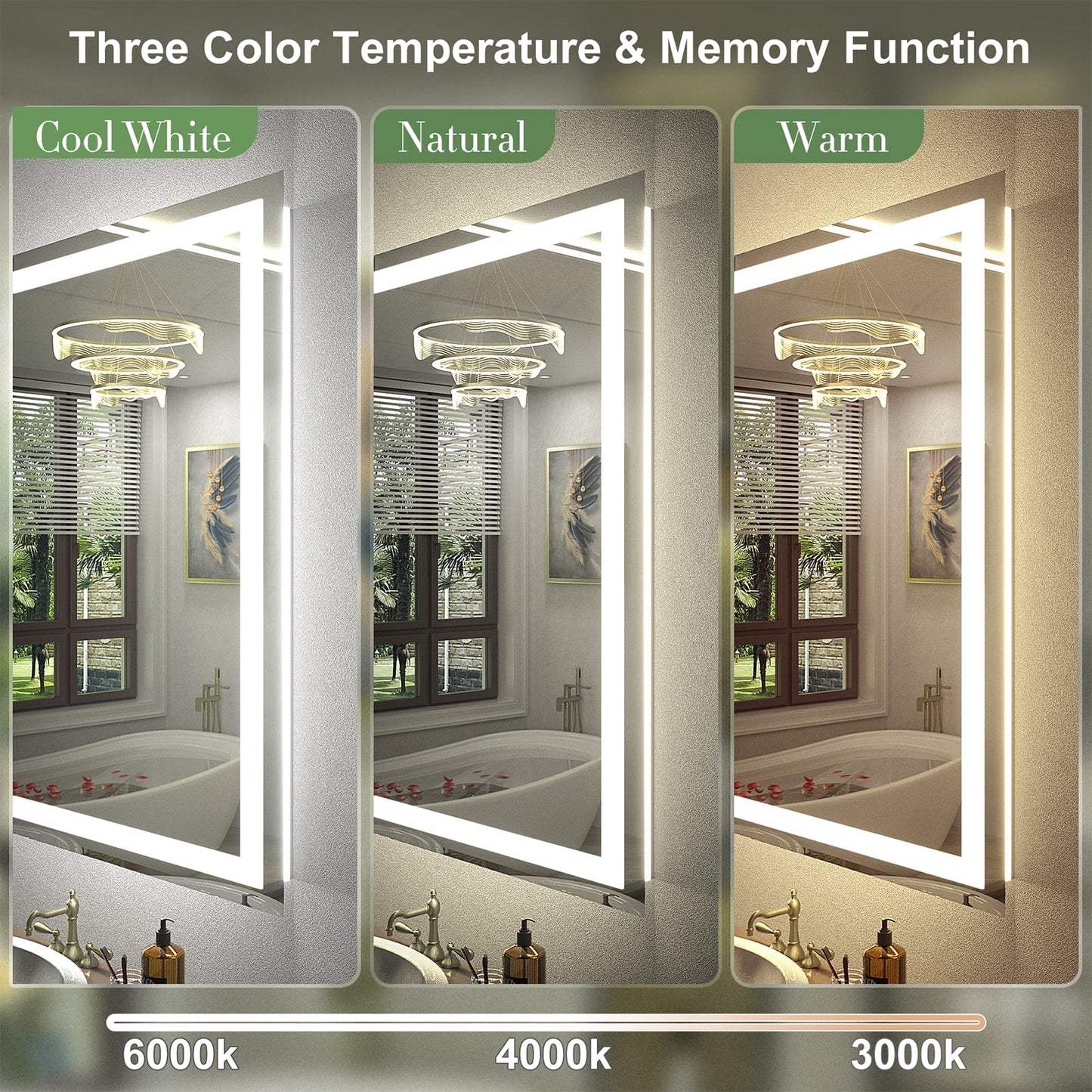Apmir 24"x36" Premium UL Certified LED Bathroom Mirror, Super Bright, Front & Backlit, Anti-Fog, 3 Colors Dimmable