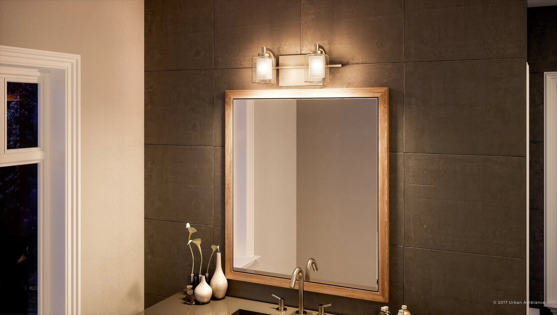Urban Ambiance Luxury Modern Bathroom Vanity Light, Medium Size: 6"H x 13"W, with Posh Style Elements, Brushed Nickel Finish and Sand Blasted Inner Glass, Clear Outer Glass, UQL2400