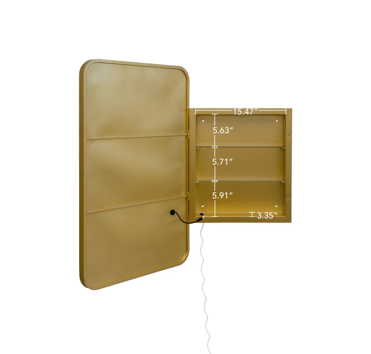 21x34 Inch Gold Medicine Cabinet with LED Mirror, Wall Mounted Bathroom Storage with Adjustable Glass Shelves, Recessed or Surface Mount Design
