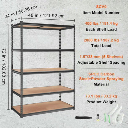 Choco Moon Heavy Duty 5-Tier Garage Shelves, 2000 lbs, Black Steel Organizer, Perfect for Kitchen Pantry, Basement, Bathroom, Laundry Room