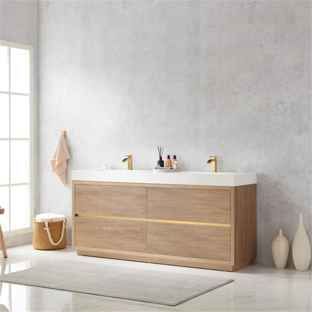 Huesca 72" Double Sink Bathroom Vanity Natural Oak Wood White Top No Mirror