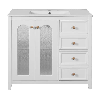 36-Inch Single Bathroom Vanity with Ceramic Top, 2 Glass Doors, Adjustable Shelves and Three Drawers