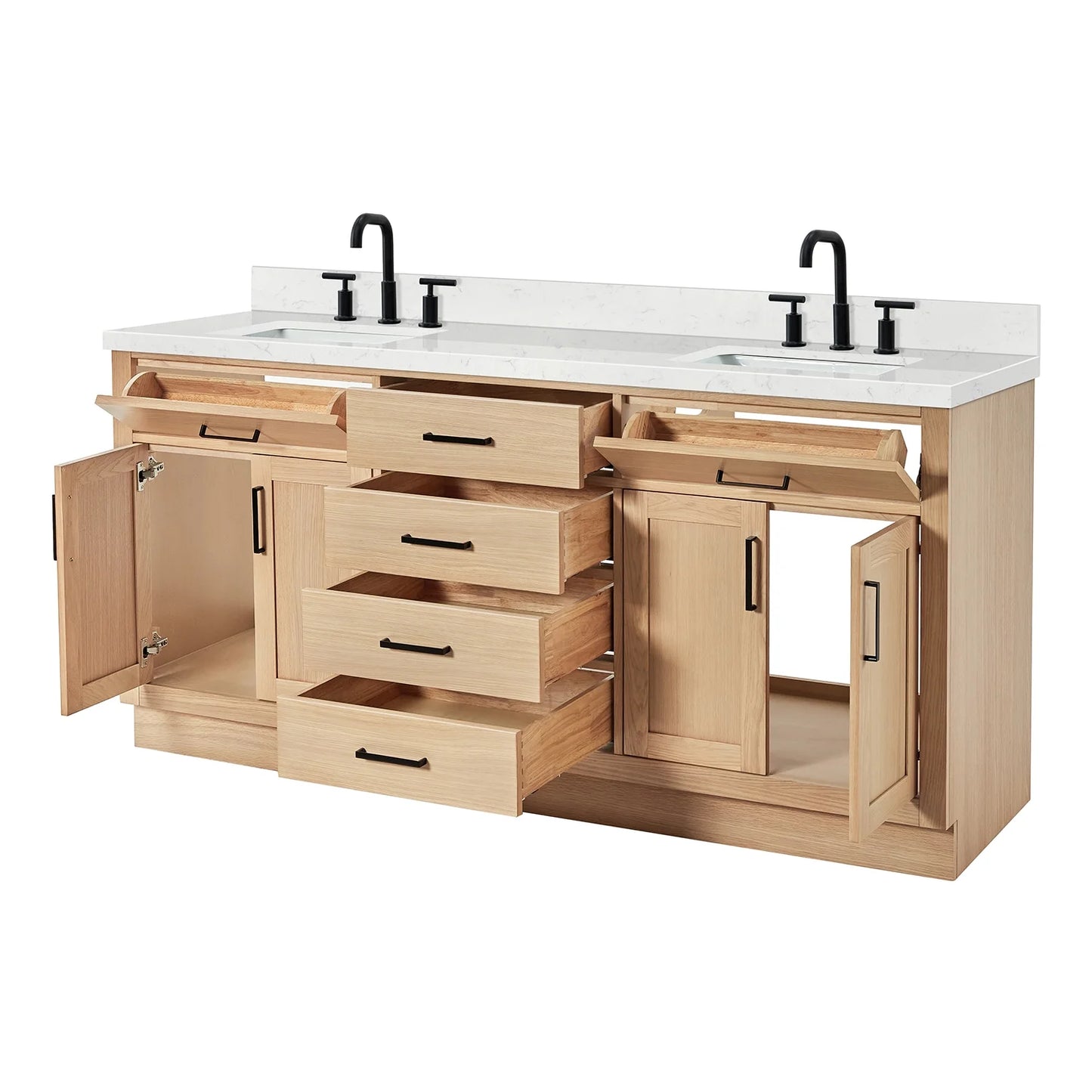 ARIEL Hepburn 72 Inch Double Rectangle Sink Bathroom Vanity With Carrara White Quartz Countertop 1.5 Inch Edge In Oak