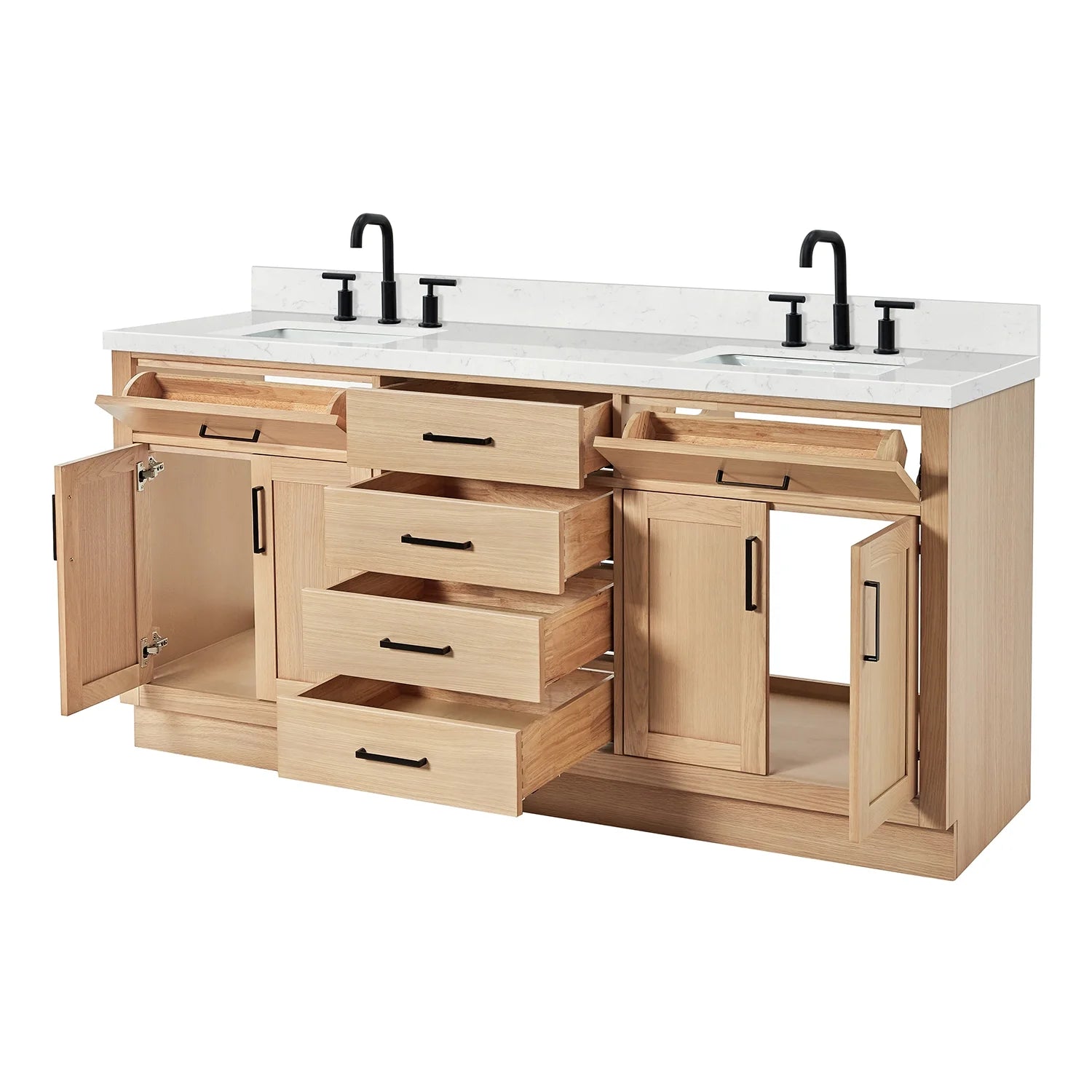 ARIEL Hepburn 72 Inch Double Rectangle Sink Bathroom Vanity With Carrara White Quartz Countertop 1.5 Inch Edge In Oak