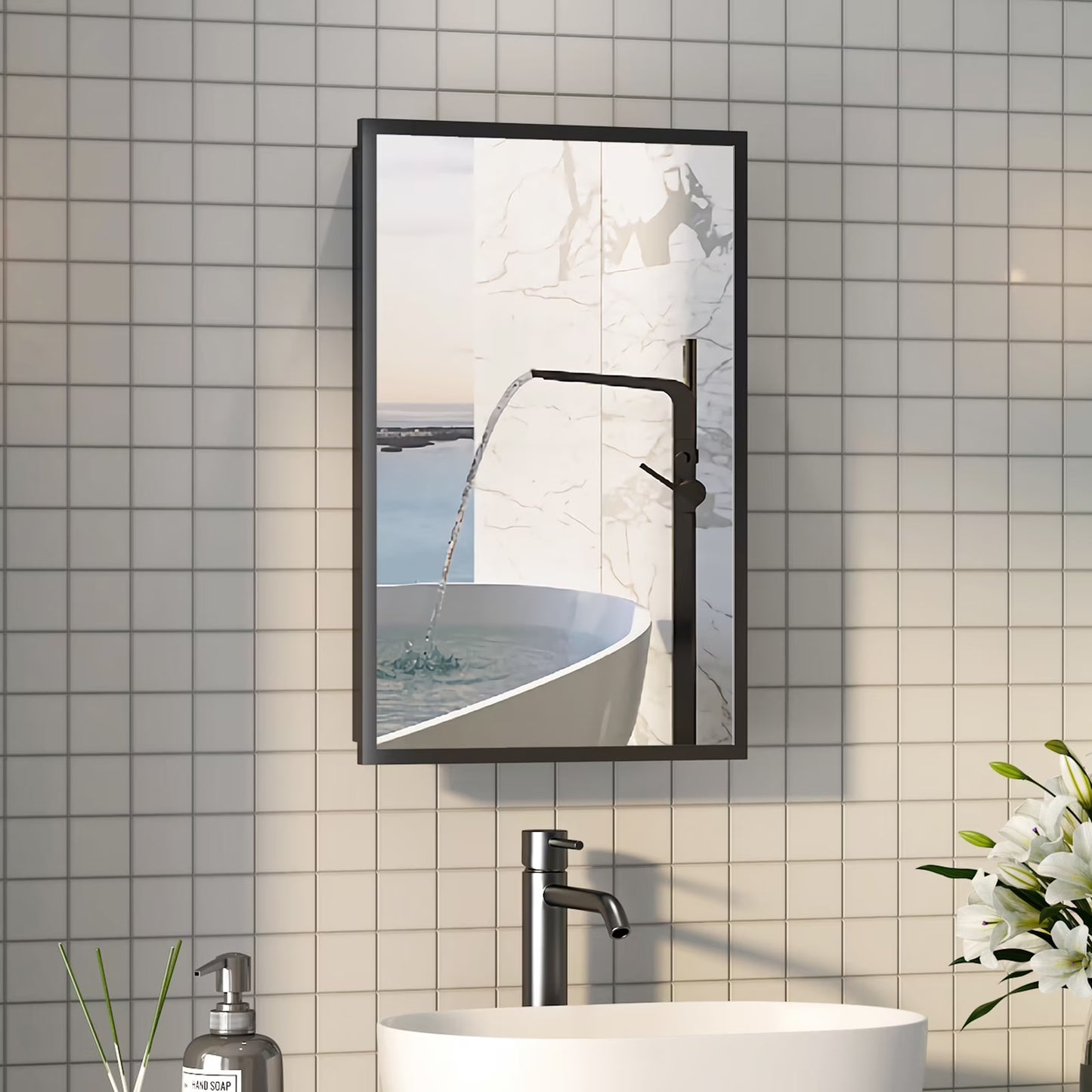 Hironpal Black Metal Framed Bathroom Mirror Medicine Cabinet Recess or Surface Mount Installation