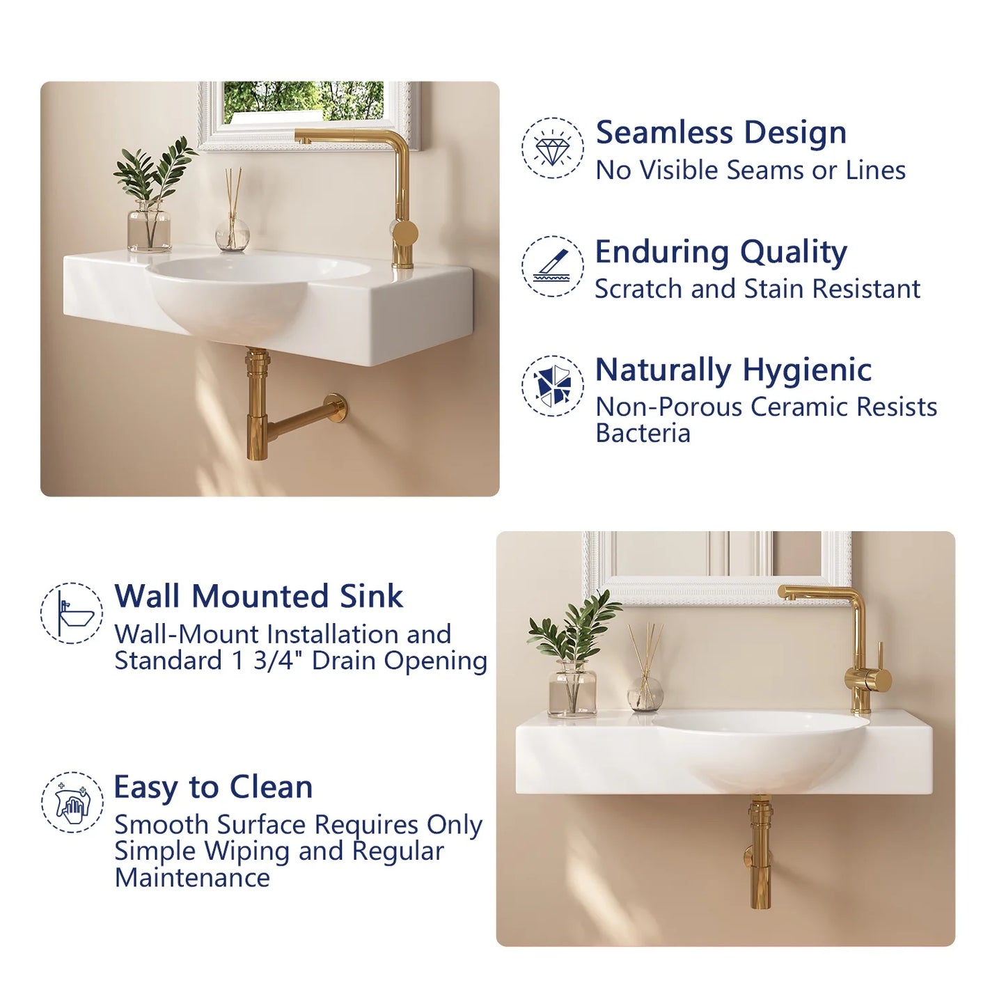 DeerValley DV-1WS0125 30" x 18" White Rectangular Vitreous China Wall Mount Bathroom Sink with Faucet Hole
