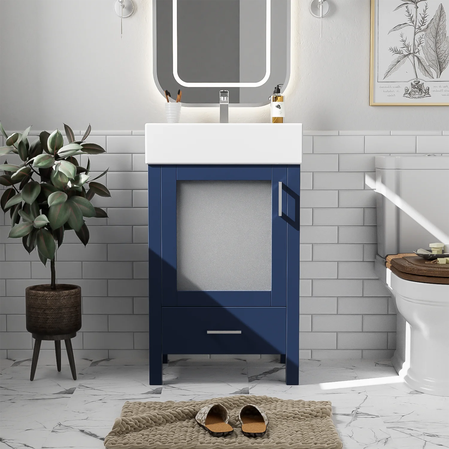 Harper & Bright Designs 20" Small Bathroom Vanity with Sink, Bathroom Vanity Cabinet with Ceramic Top and Storage Drawer, Blue
