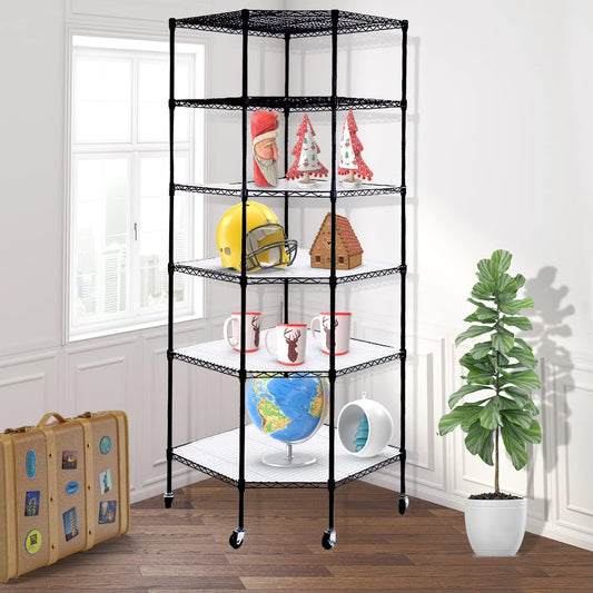 Lovinland Heavy Duty 6-Tier Corner Shelf Stand with Wheels,Adjustable Plastic Storage Wire Shelving Unit Corner Rack Corner Shelving Display for Garage Living Room, Bathroom, Kitchen