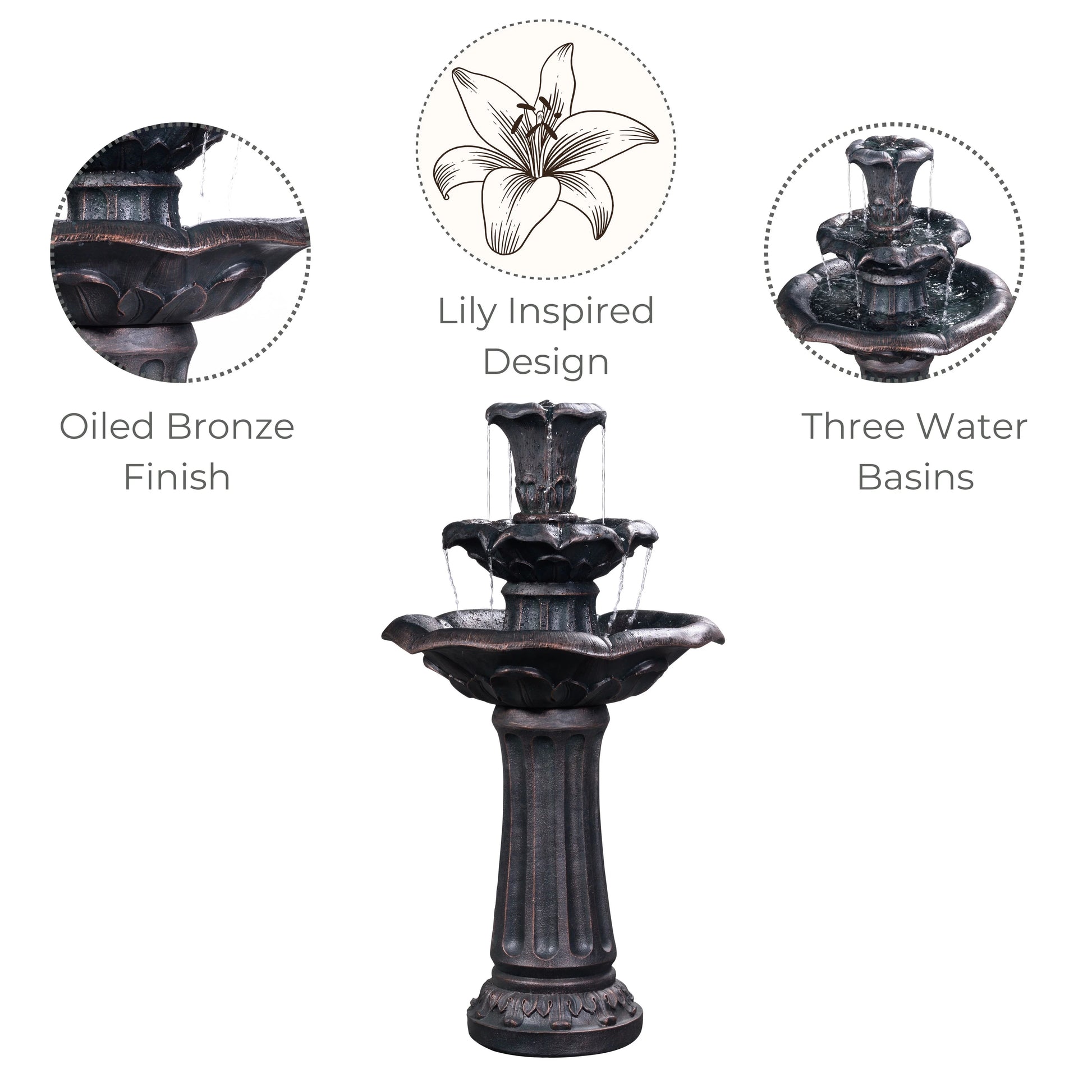 Teamson Home 37.8" 3-Tier Lily Birdbath Water Fountain